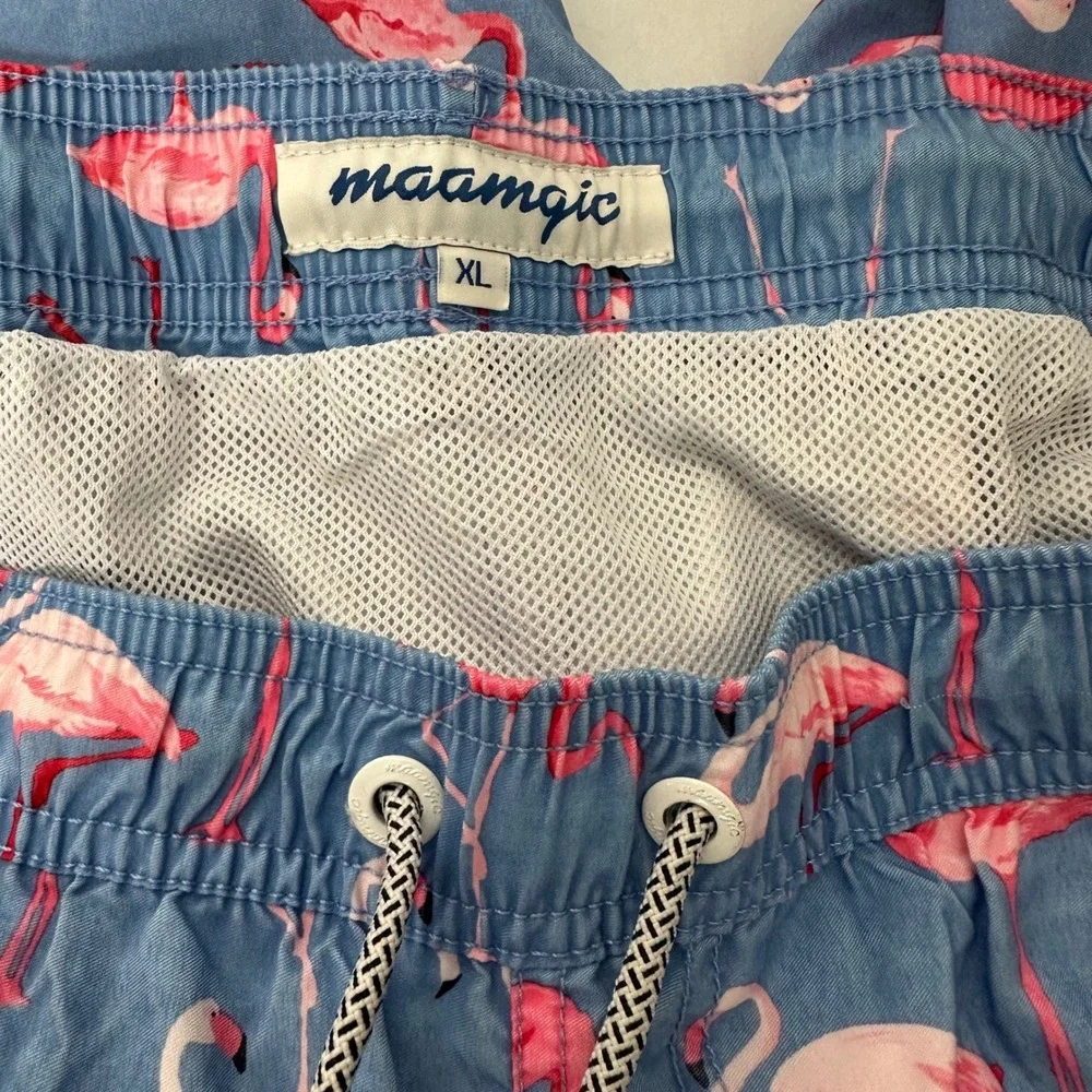 Maamgic Flamingo Print Swim‎ Trunks with Pockets - Blue, XL